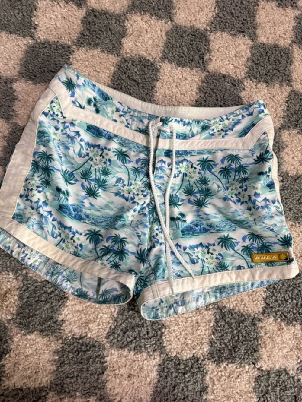 BULA Vintage Y2K 2000s Tropical Palm Tree Print Drawstring Board Shorts Swimming